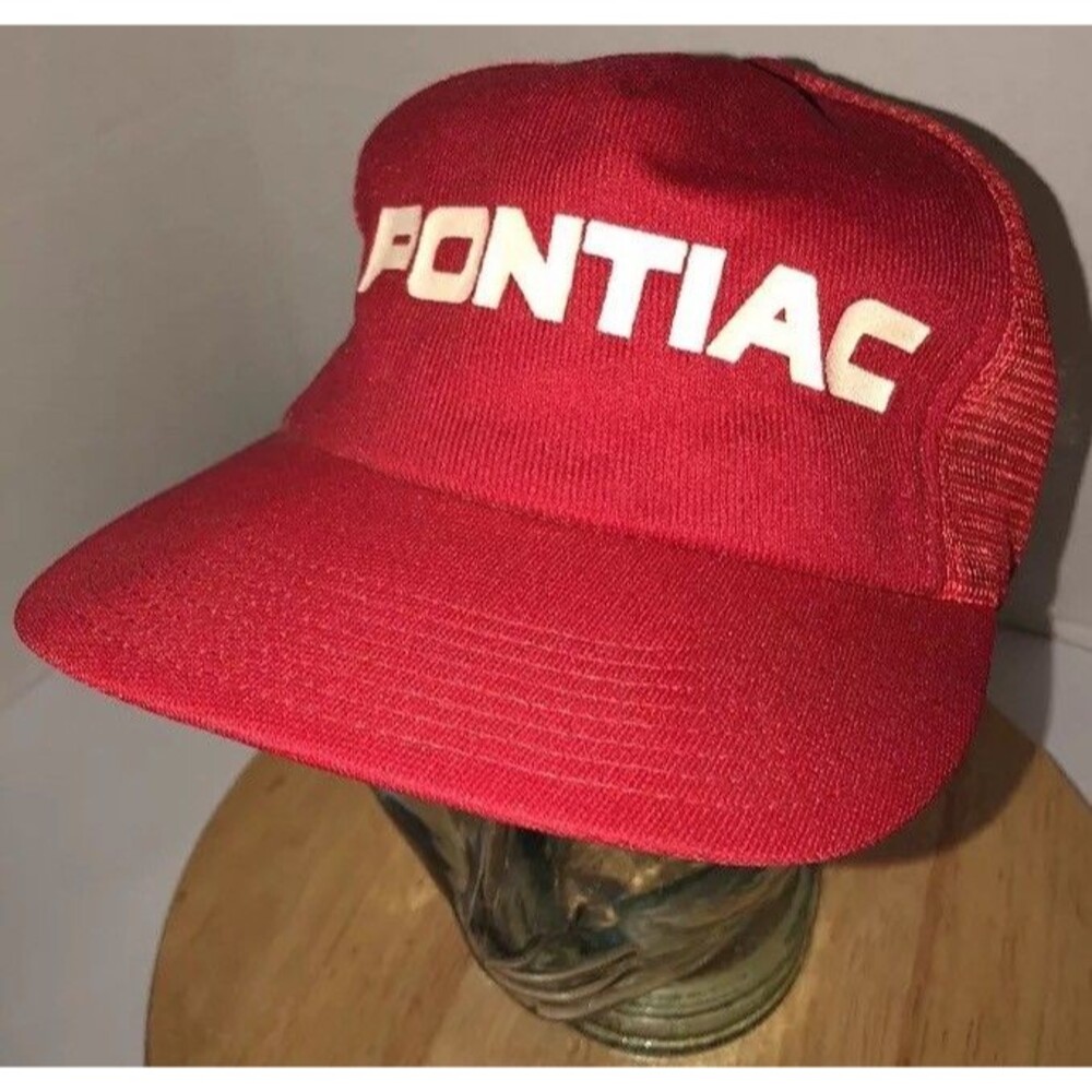 VTG PONTIAC 70s 80s USA Red Trucker Hat Cap Snapback Green Underbill AUTOMOTIVE